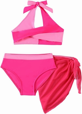 Girls Swimsuit 3 Pcs Bathing Suits Cute Bikini Sets with Solid Color Cover Up Skirt 5-14 Years