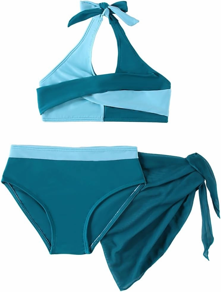 Girls Swimsuit 3 Pcs Bathing Suits Cute Bikini Sets with Solid Color Cover Up Skirt 5-14 Years