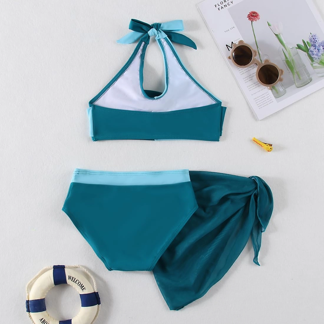 Girls Swimsuit 3 Pcs Bathing Suits Cute Bikini Sets with Solid Color Cover Up Skirt 5-14 Years