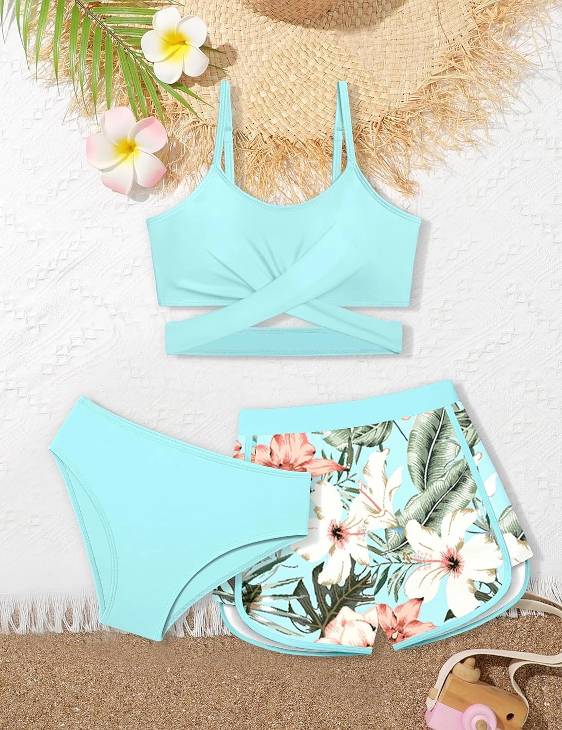 Girls Swimsuit 3 Piece Bathing Suit Criss Cross Bikini Set Girls' Swimwear with Shorts 7-16T