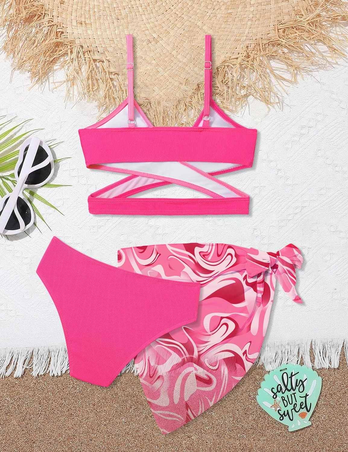 Girls Swimsuit 3 Piece Bathing Suits Criss Cross Color Block Bikini Set with Beach Cover Up Girls' Swimwear 7-16 Years