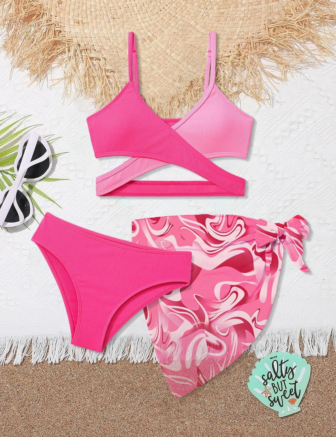 Girls Swimsuit 3 Piece Bathing Suits Criss Cross Color Block Bikini Set with Beach Cover Up Girls' Swimwear 7-16 Years