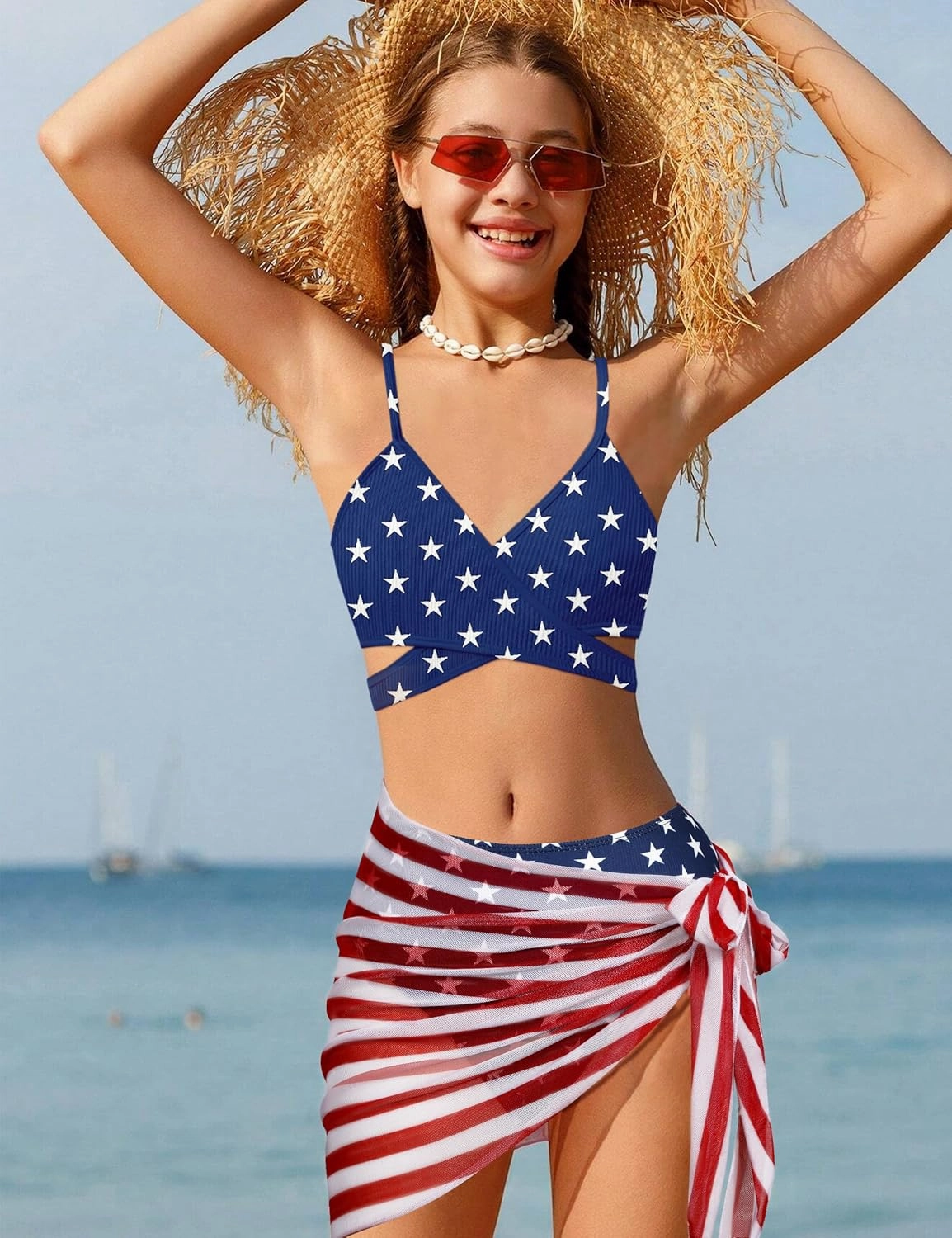 Girls Swimsuit 3 Piece Bathing Suits Criss Cross Color Block Bikini Set with Beach Cover Up Girls' Swimwear 7-16 Years