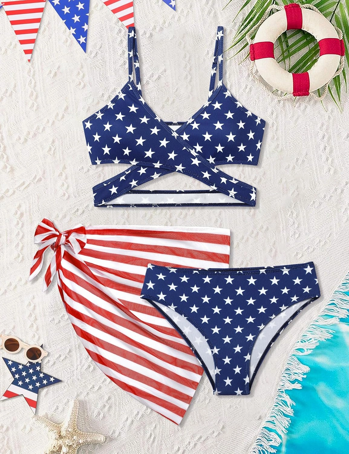 Girls Swimsuit 3 Piece Bathing Suits Criss Cross Color Block Bikini Set with Beach Cover Up Girls' Swimwear 7-16 Years