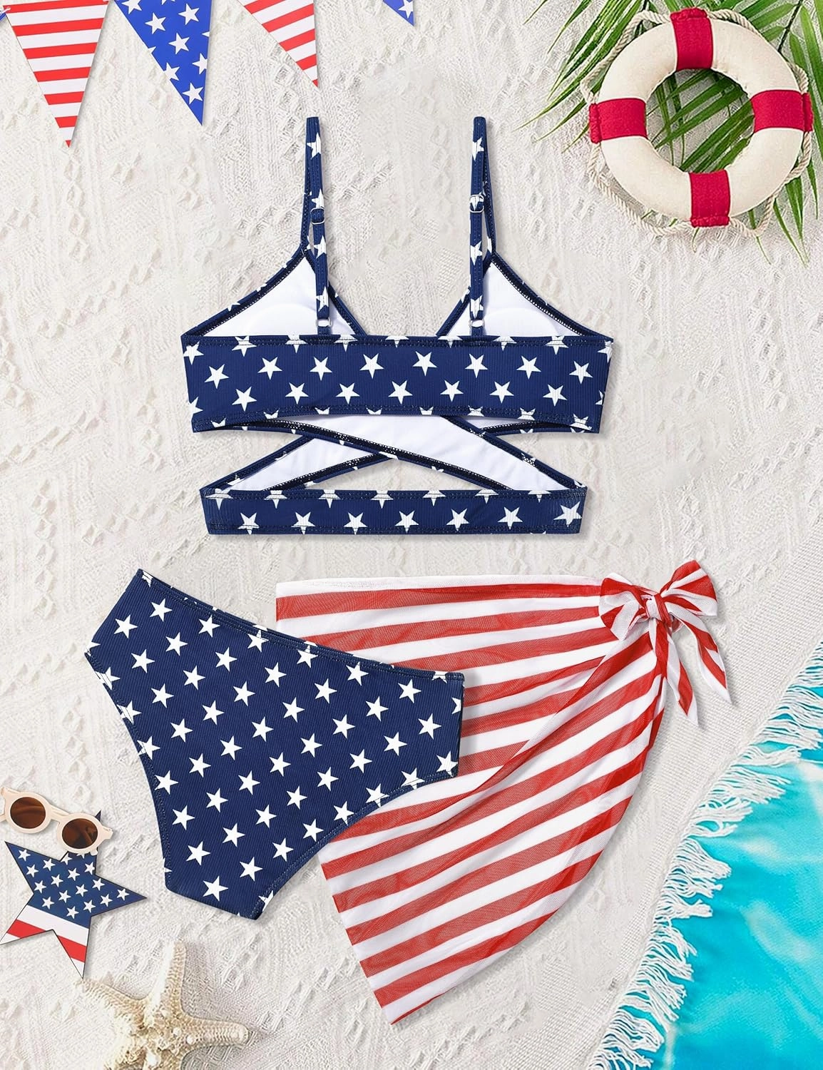 Girls Swimsuit 3 Piece Bathing Suits Criss Cross Color Block Bikini Set with Beach Cover Up Girls' Swimwear 7-16 Years
