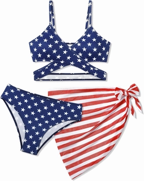 Girls Swimsuit 3 Piece Bathing Suits Criss Cross Color Block Bikini Set with Beach Cover Up Girls' Swimwear 7-16 Years
