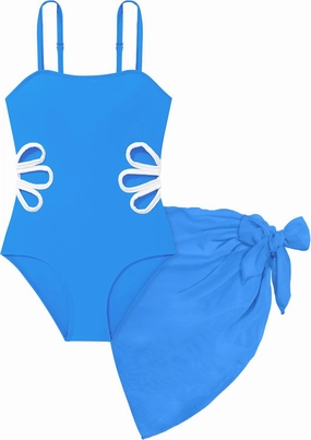 Girls Swimsuit, Adjustable Straps Cut Out One Piece Bathing Suit with Solid Color Cover Up Skirt Girls' Swimwear