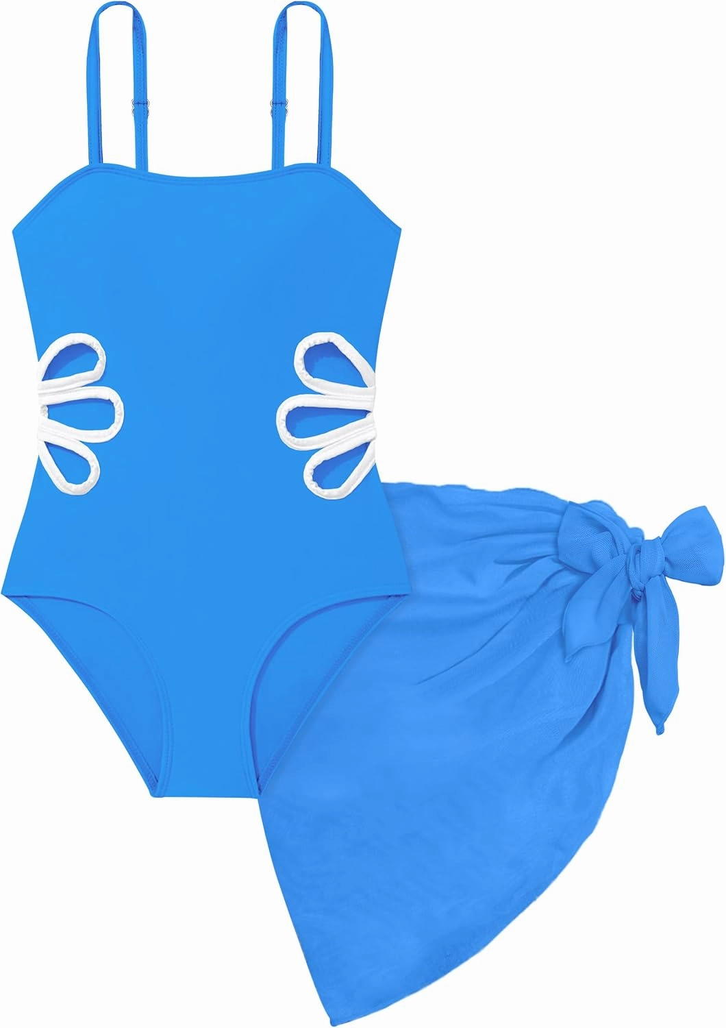 Girls Swimsuit, Adjustable Straps Cut Out One Piece Bathing Suit with Solid Color Cover Up Skirt Girls' Swimwear