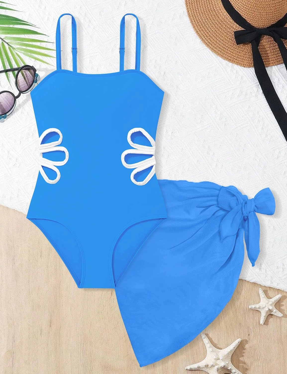 Girls Swimsuit, Adjustable Straps Cut Out One Piece Bathing Suit with Solid Color Cover Up Skirt Girls' Swimwear