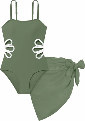 Girls Swimsuit, Adjustable Straps Cut Out One Piece Bathing Suit with Solid Color Cover Up Skirt Girls' Swimwear