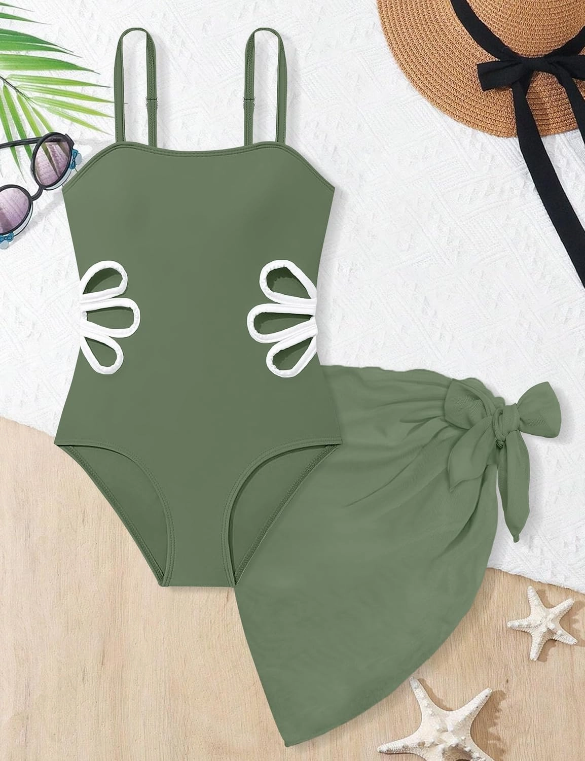 Girls Swimsuit, Adjustable Straps Cut Out One Piece Bathing Suit with Solid Color Cover Up Skirt Girls' Swimwear