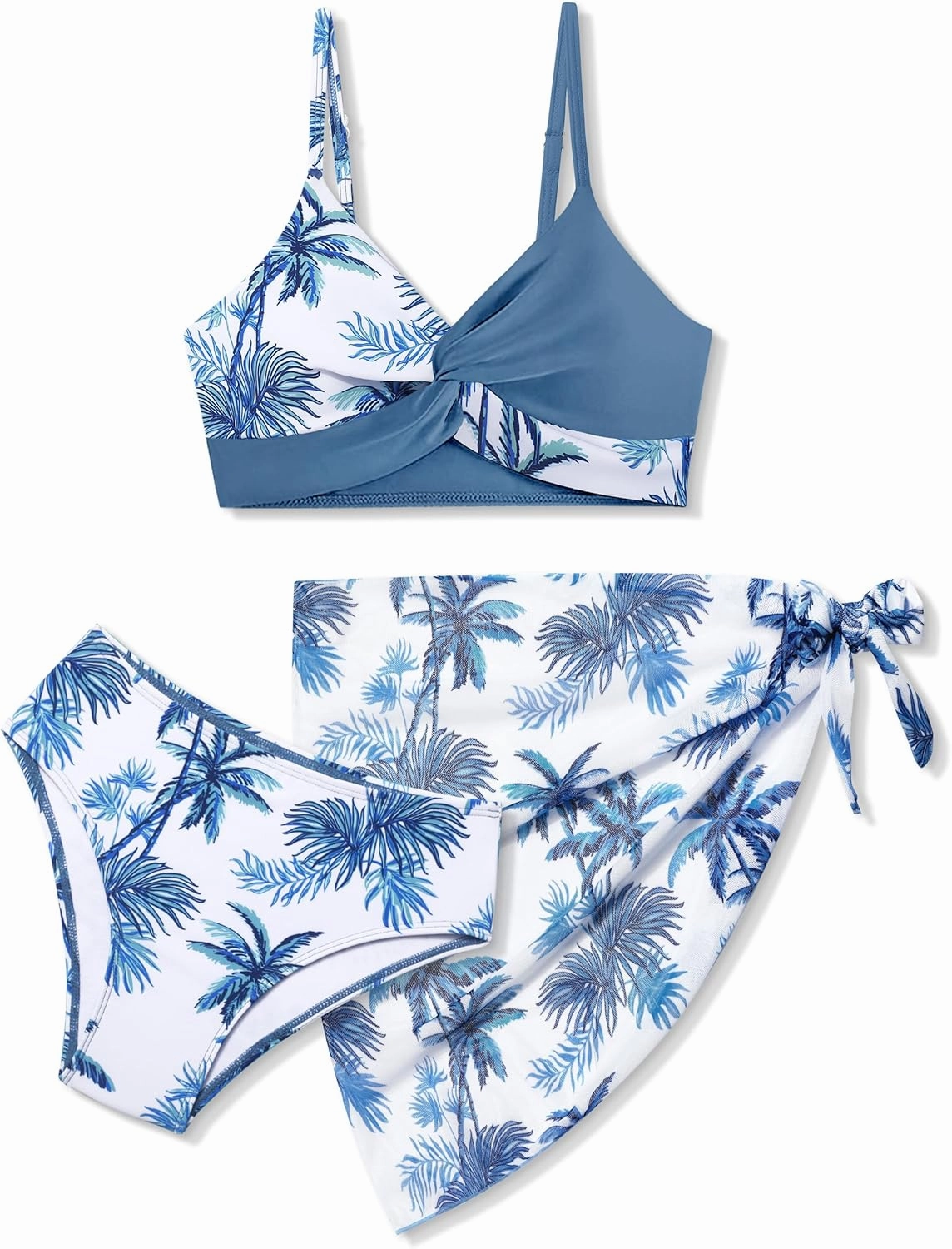 Girls Swimsuit, Bathing Suits 3 Piece Tropical Floral Twist Cross Bikini Sets Girls' Swimwear with Cover Up Skirt 7-16T