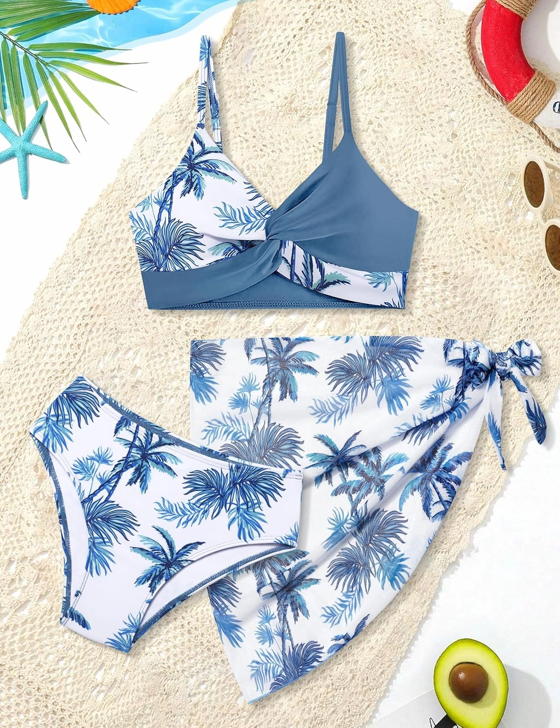 Girls Swimsuit, Bathing Suits 3 Piece Tropical Floral Twist Cross Bikini Sets Girls' Swimwear with Cover Up Skirt 7-16T