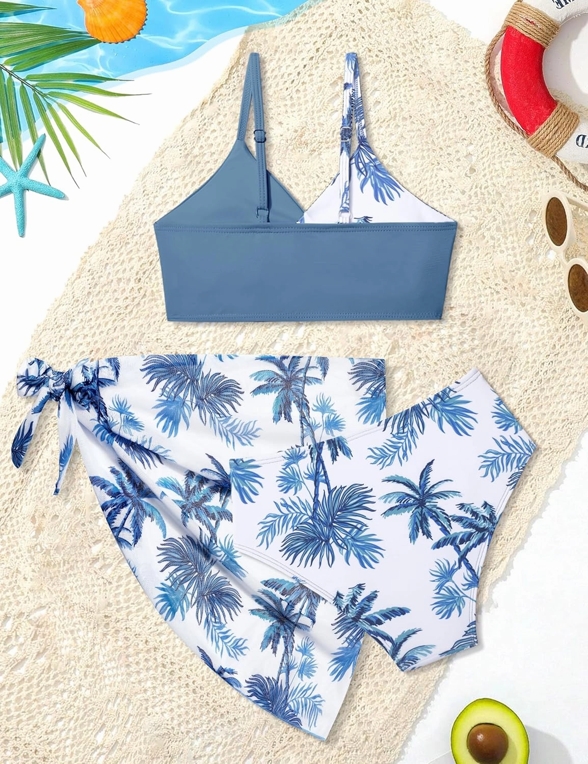 Girls Swimsuit, Bathing Suits 3 Piece Tropical Floral Twist Cross Bikini Sets Girls' Swimwear with Cover Up Skirt 7-16T