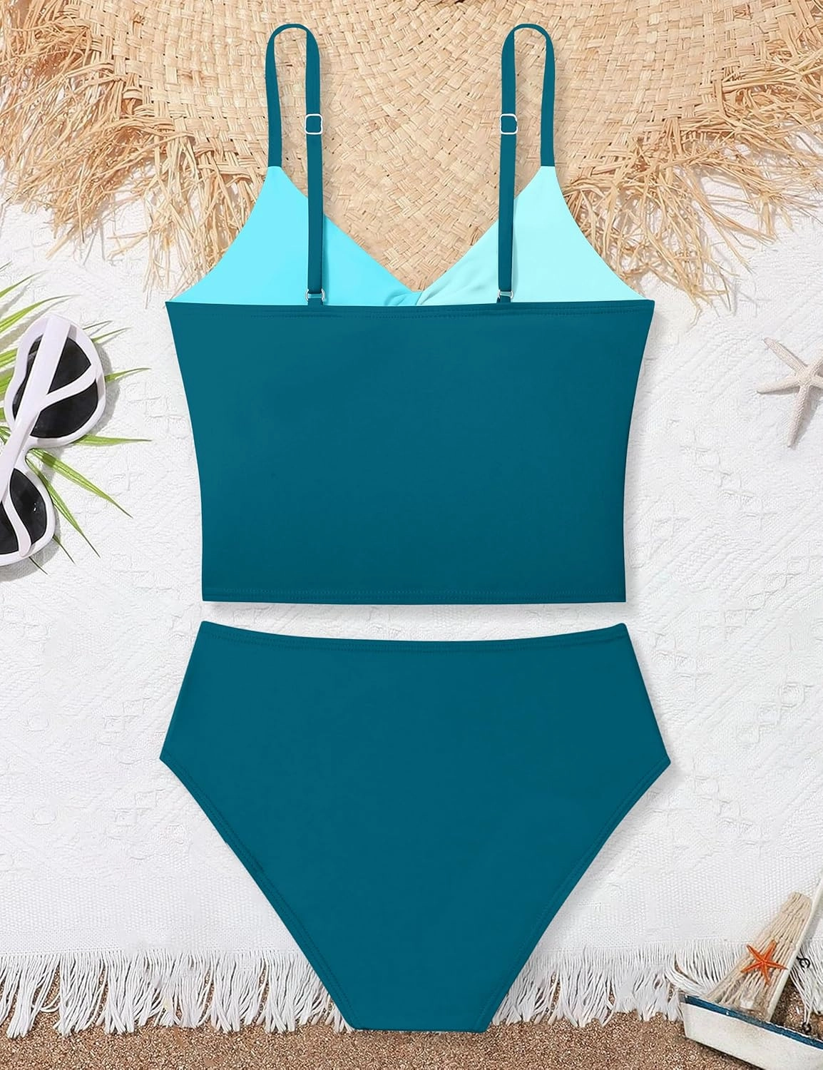 Girls Swimsuit Color Block Girls Bathing Suit Twist Tankini Set Two Piece Girl Swimwear Bikini Set for 9-16 Years