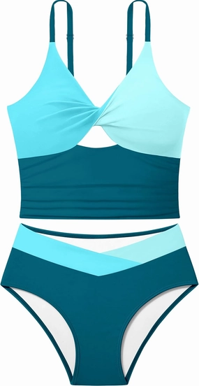 Girls Swimsuit Color Block Girls Bathing Suit Twist Tankini Set Two Piece Girl Swimwear Bikini Set for 9-16 Years