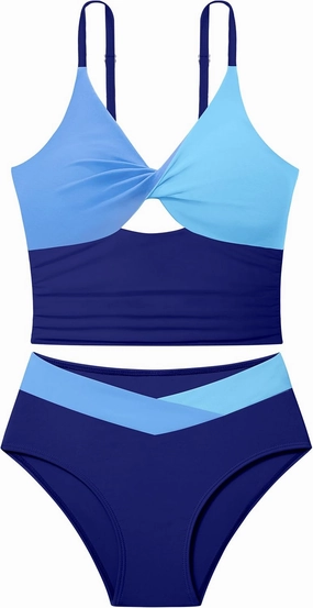 Girls Swimsuit Color Block Girls Bathing Suit Twist Tankini Set Two Piece Girl Swimwear Bikini Set for 9-16 Years