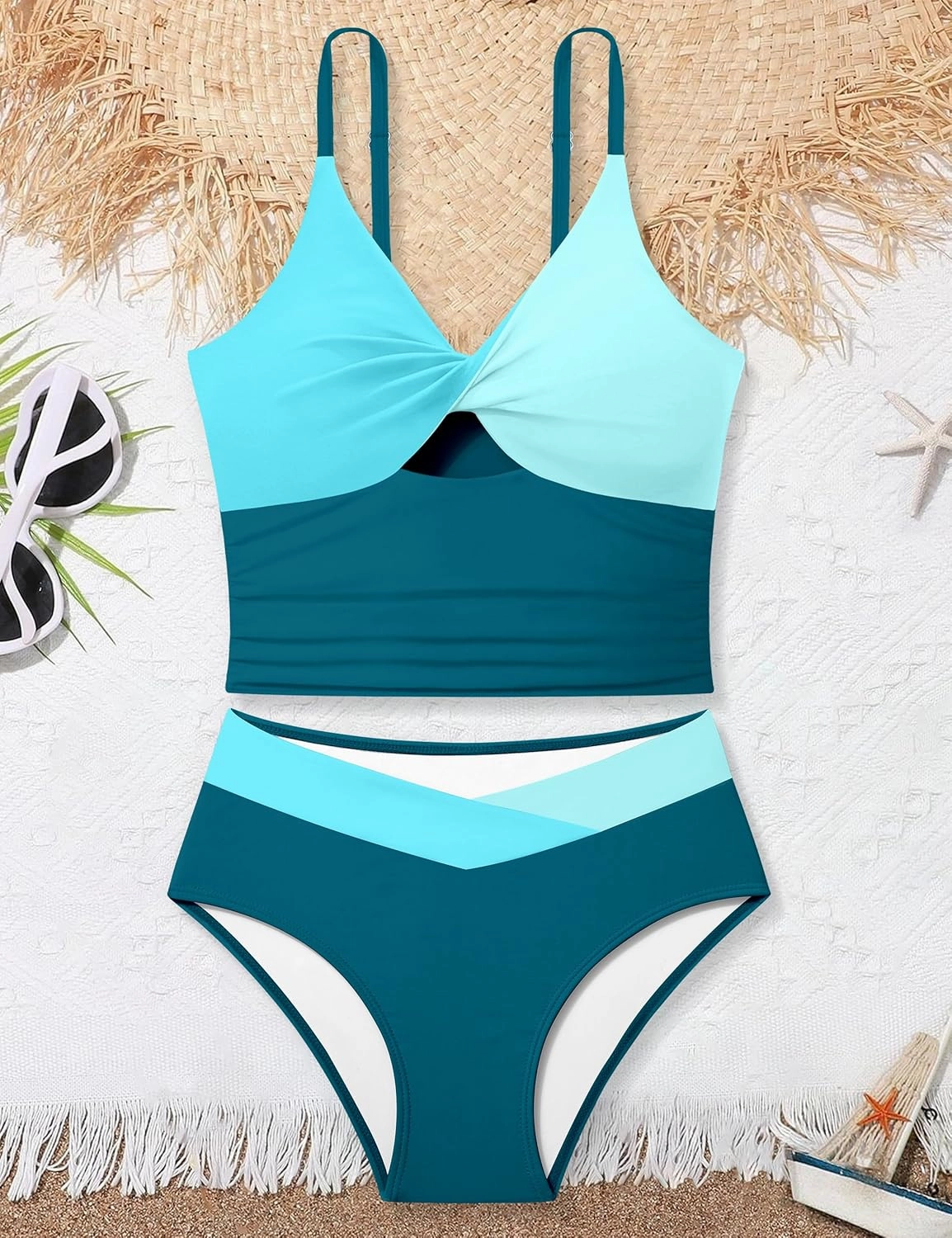 Girls Swimsuit Color Block Girls Bathing Suit Twist Tankini Set Two Piece Girl Swimwear Bikini Set for 9-16 Years