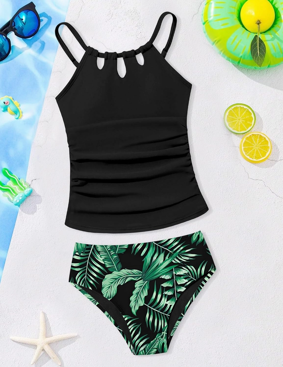 Girls Swimsuit Cutout Bathing Suit Cute Two Piece Swimsuits for Teen Girls Modest Swimwear High Waisted Tankini 9-18y