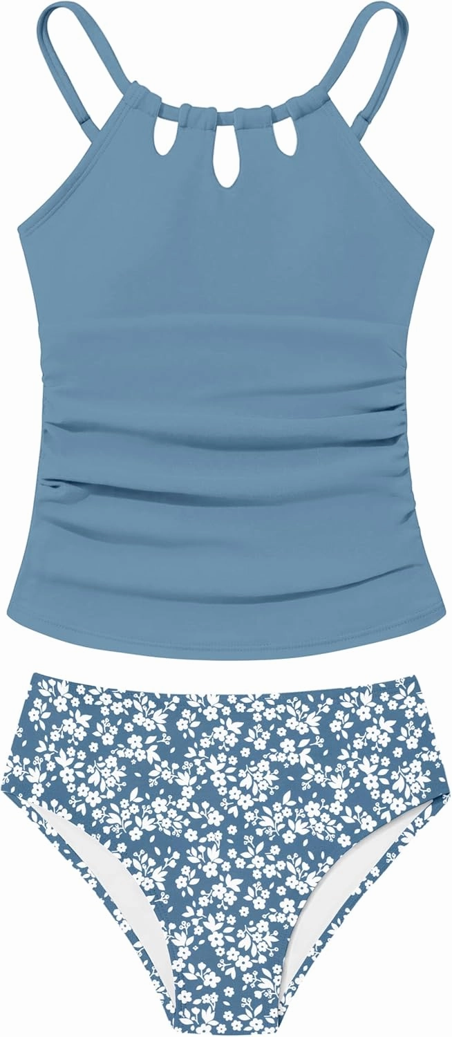 Girls Swimsuit Cutout Bathing Suit Cute Two Piece Swimsuits for Teen Girls Modest Swimwear High Waisted Tankini 9-18y