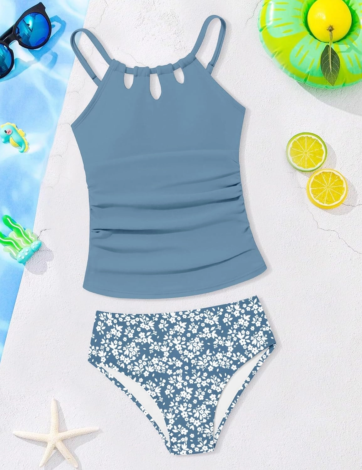 Girls Swimsuit Cutout Bathing Suit Cute Two Piece Swimsuits for Teen Girls Modest Swimwear High Waisted Tankini 9-18y
