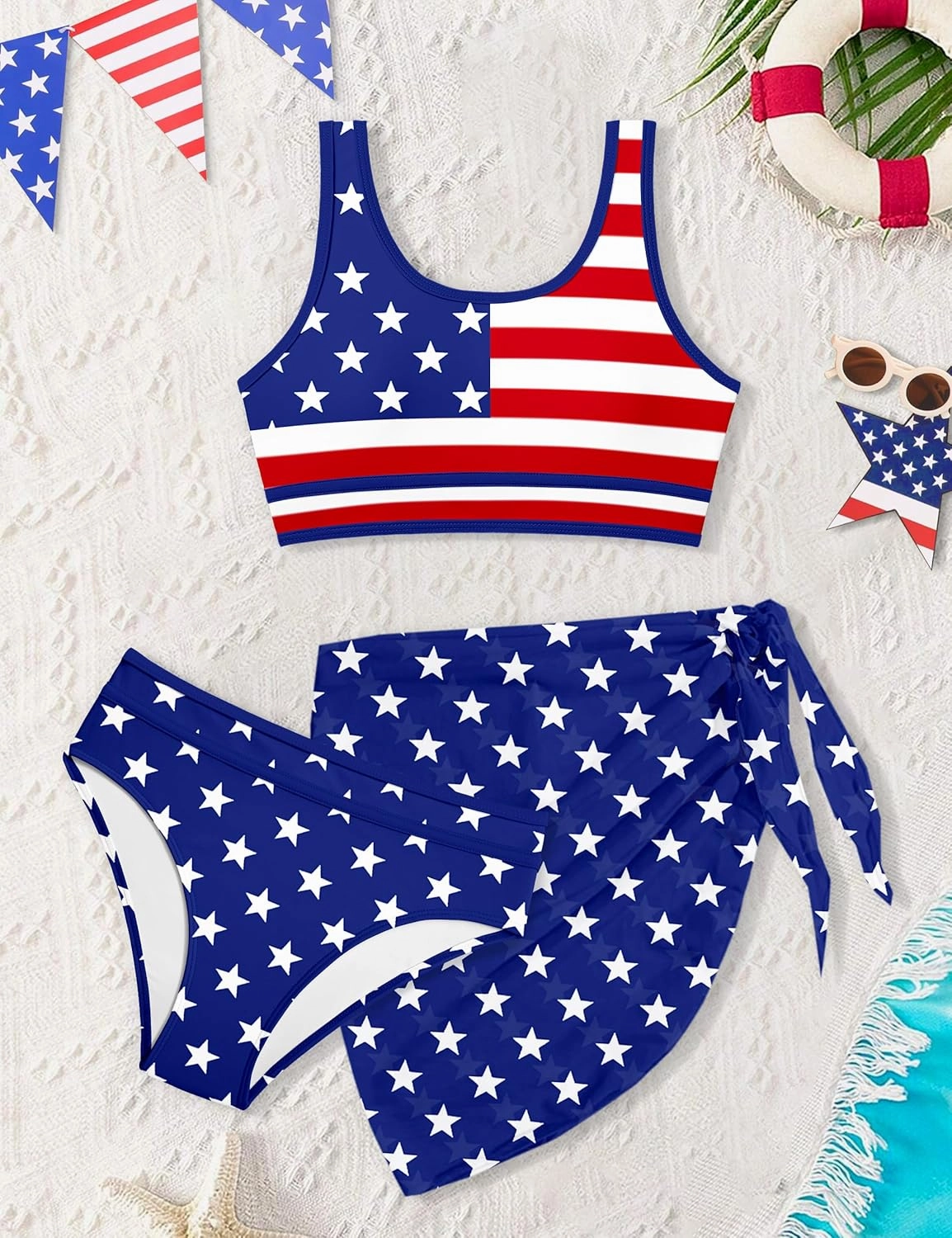 Girls Swimsuit Double Strap High Waist Sporty Bikini Swimsuits Swim Cover Up Skirt 3 Piece Set
