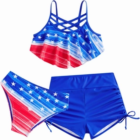 Girls Swimsuit Kids Bathing Suit 3 Pieces Bikini Set with Shorts Adjustable Swimwear 7-13 Years