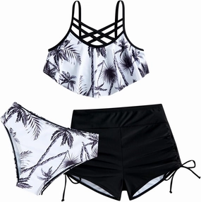 Girls Swimsuit Kids Bathing Suit 3 Pieces Bikini Set with Shorts Adjustable Swimwear 7-13 Years