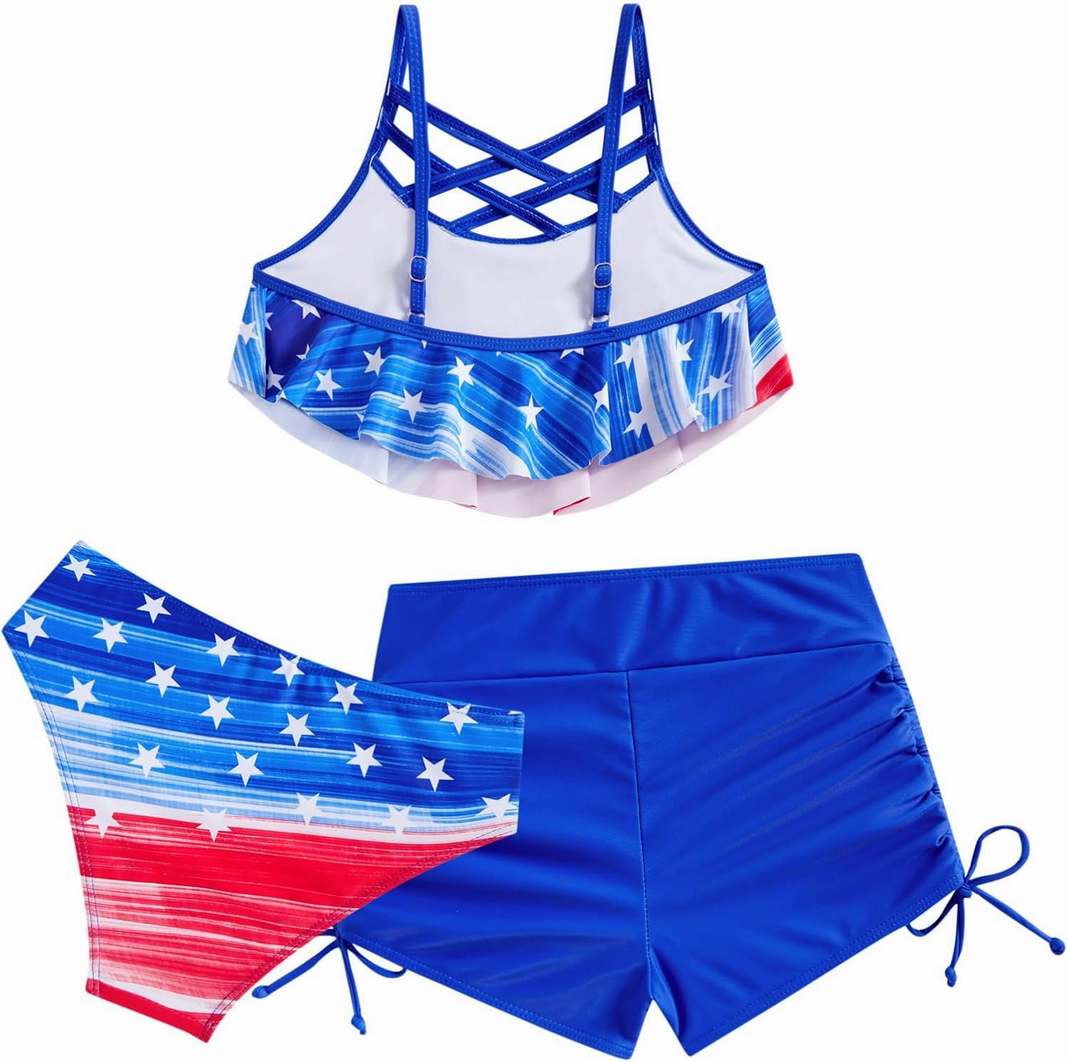 Girls Swimsuit Kids Bathing Suit 3 Pieces Bikini Set with Shorts Adjustable Swimwear 7-13 Years