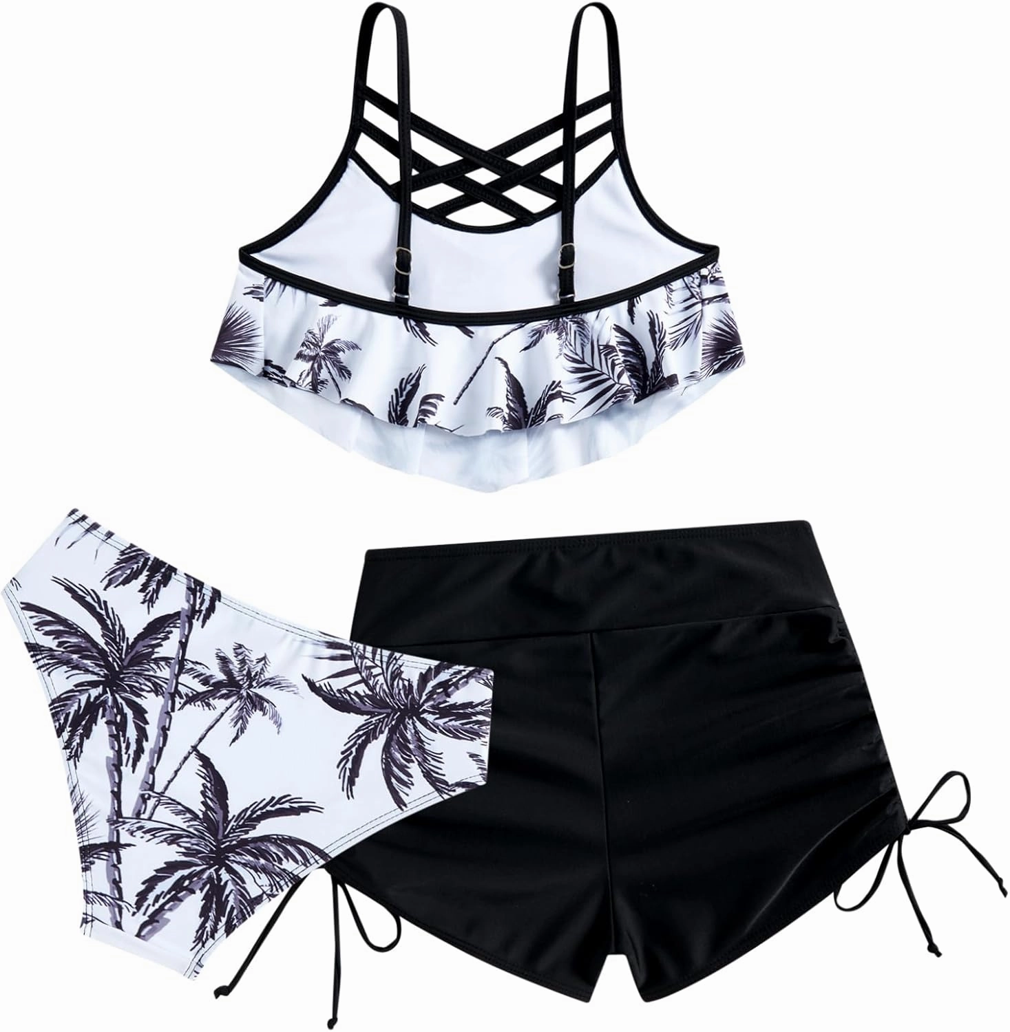 Girls Swimsuit Kids Bathing Suit 3 Pieces Bikini Set with Shorts Adjustable Swimwear 7-13 Years