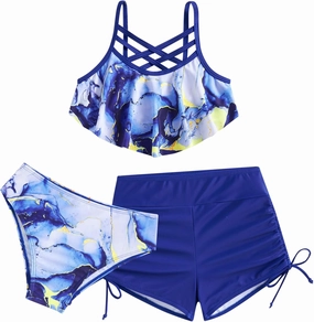 Girls Swimsuit Kids Bathing Suit 3 Pieces Bikini Set with Shorts Adjustable Swimwear 7-13 Years