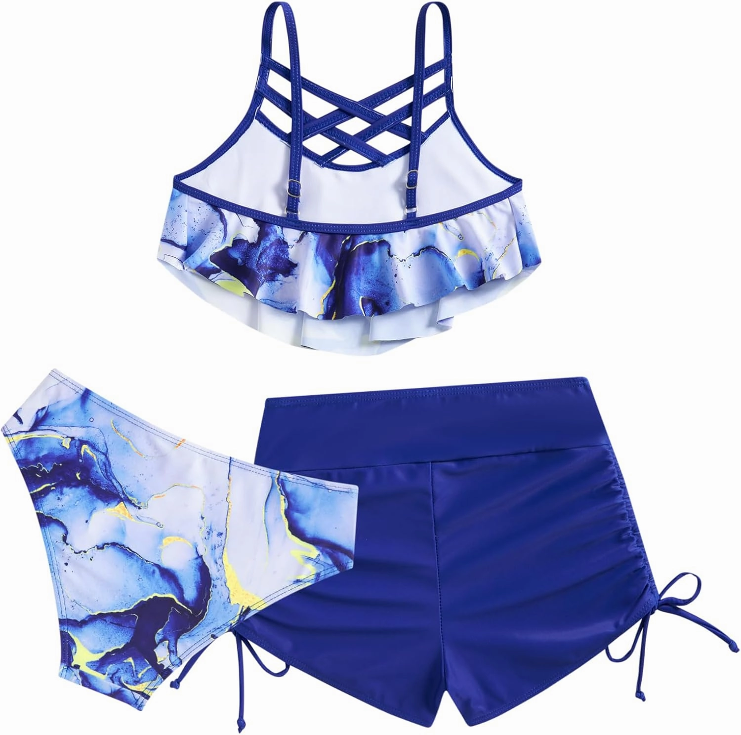Girls Swimsuit Kids Bathing Suit 3 Pieces Bikini Set with Shorts Adjustable Swimwear 7-13 Years
