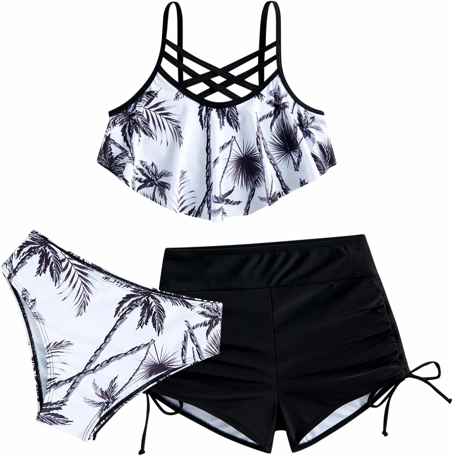 Girls Swimsuit Kids Bathing Suit 3 Pieces Bikini Set with Shorts Adjustable Swimwear 7-13 Years