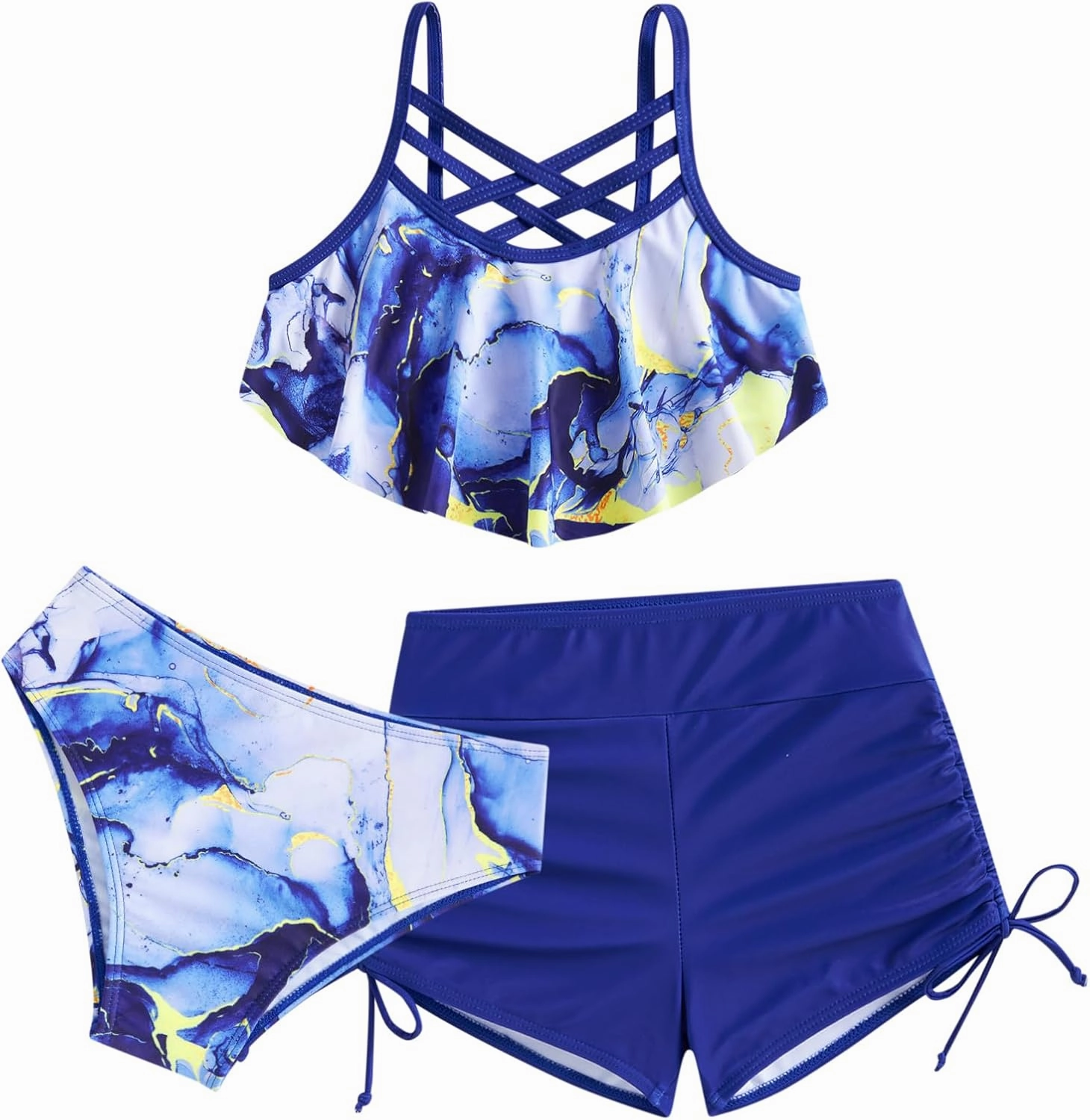 Girls Swimsuit Kids Bathing Suit 3 Pieces Bikini Set with Shorts Adjustable Swimwear 7-13 Years