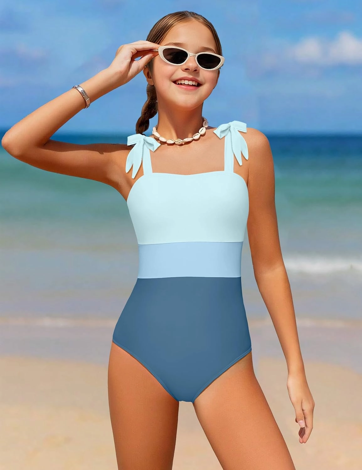 Girls Swimsuit One Piece Casual Color-Block Adjustable Straps Girls Bathing Suit Swimwear 9-16T