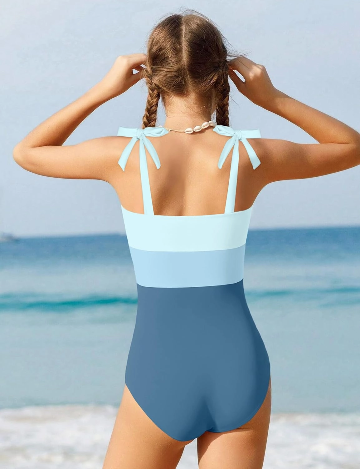 Girls Swimsuit One Piece Casual Color-Block Adjustable Straps Girls Bathing Suit Swimwear 9-16T