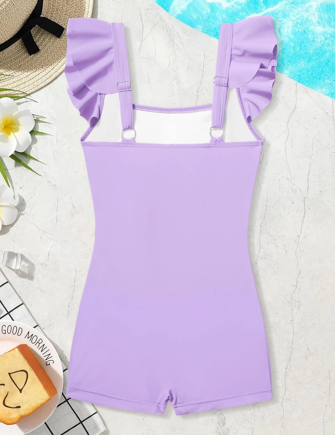 Girls Swimsuit Ruffle Girl One Piece Bathing Suit Solid Swimsuits Ruched Sleeveless Girls' Swimwear for 7-14 Years