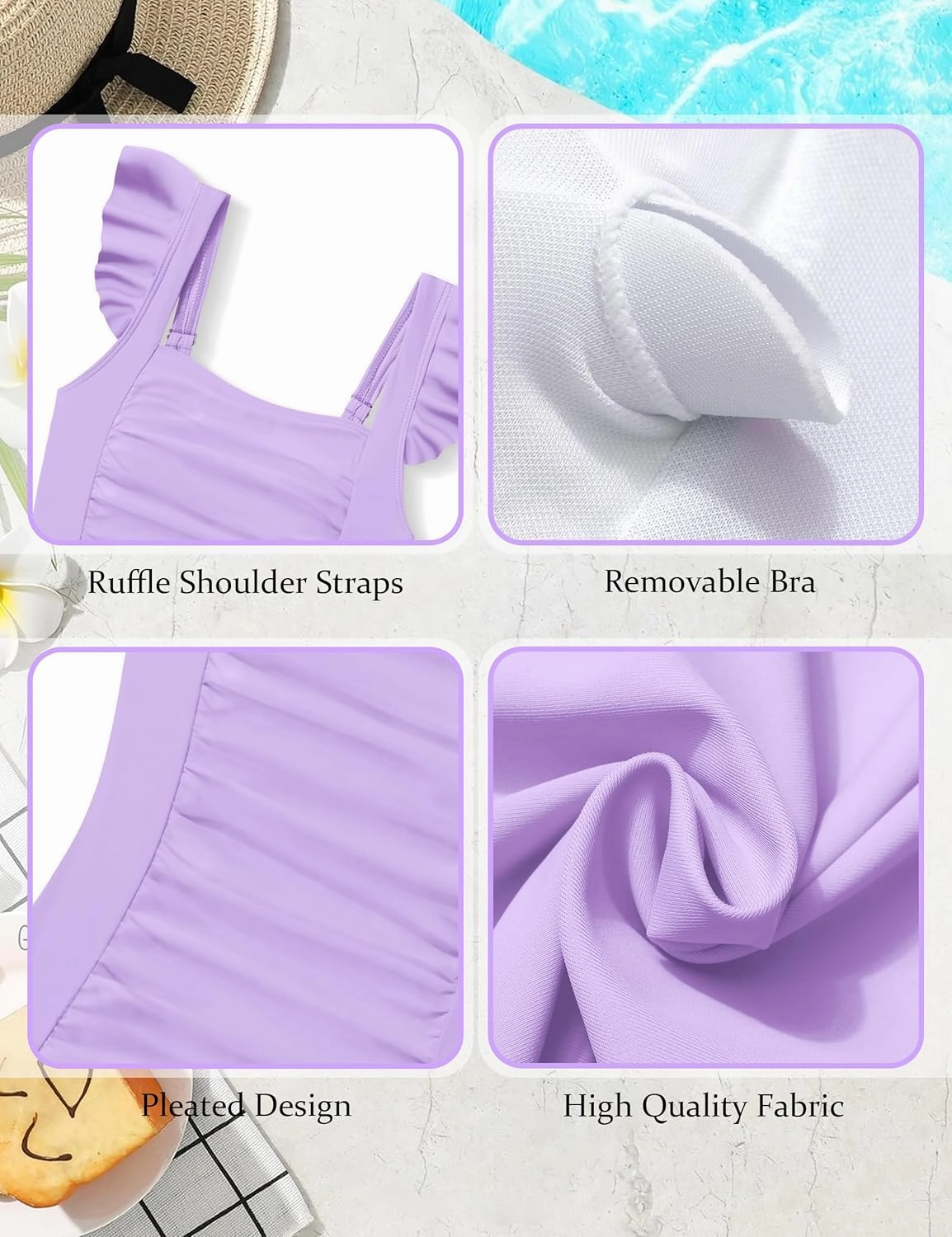 Girls Swimsuit Ruffle Girl One Piece Bathing Suit Solid Swimsuits Ruched Sleeveless Girls' Swimwear for 7-14 Years