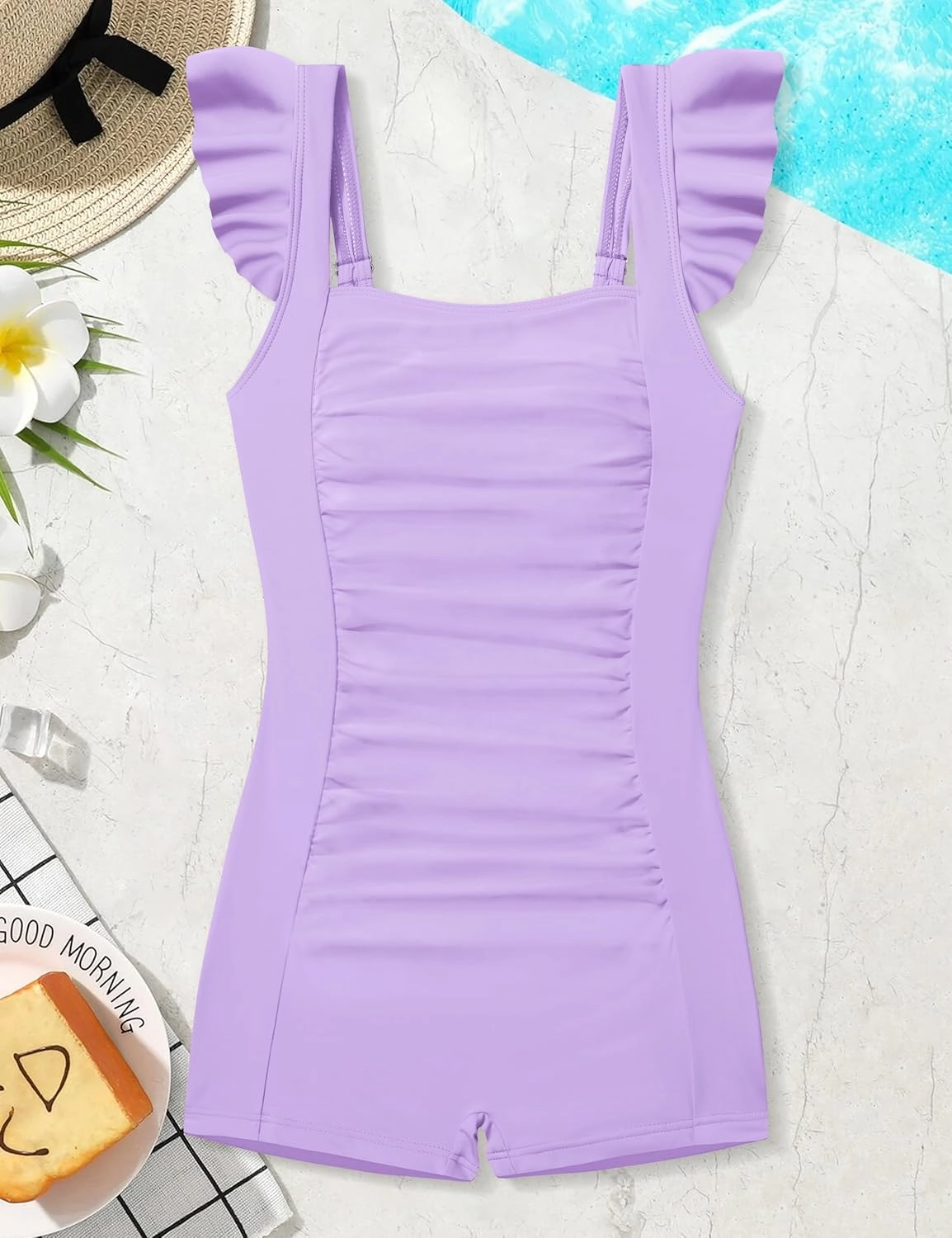 Girls Swimsuit Ruffle Girl One Piece Bathing Suit Solid Swimsuits Ruched Sleeveless Girls' Swimwear for 7-14 Years