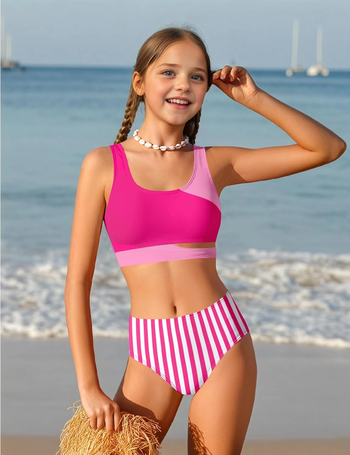 Girls Swimsuit Stripe Bathing Suit Color Block Sporty Bikini Swimsuits Swim Cover Up Skirt 3 Piece Set