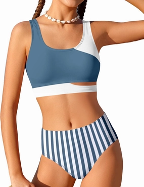 Girls Swimsuit Stripe Bathing Suit Color Block Sporty Bikini Swimsuits Swim Cover Up Skirt 3 Piece Set