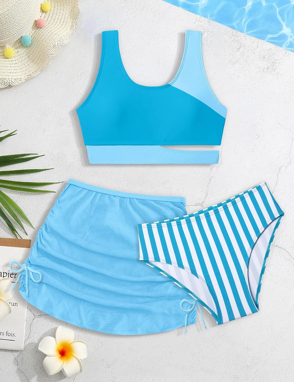 Girls Swimsuit Stripe Bathing Suit Color Block Sporty Bikini Swimsuits Swim Cover Up Skirt 3 Piece Set