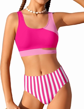 Girls Swimsuit Stripe Bathing Suit Color Block Sporty Bikini Swimsuits Swim Cover Up Skirt 3 Piece Set