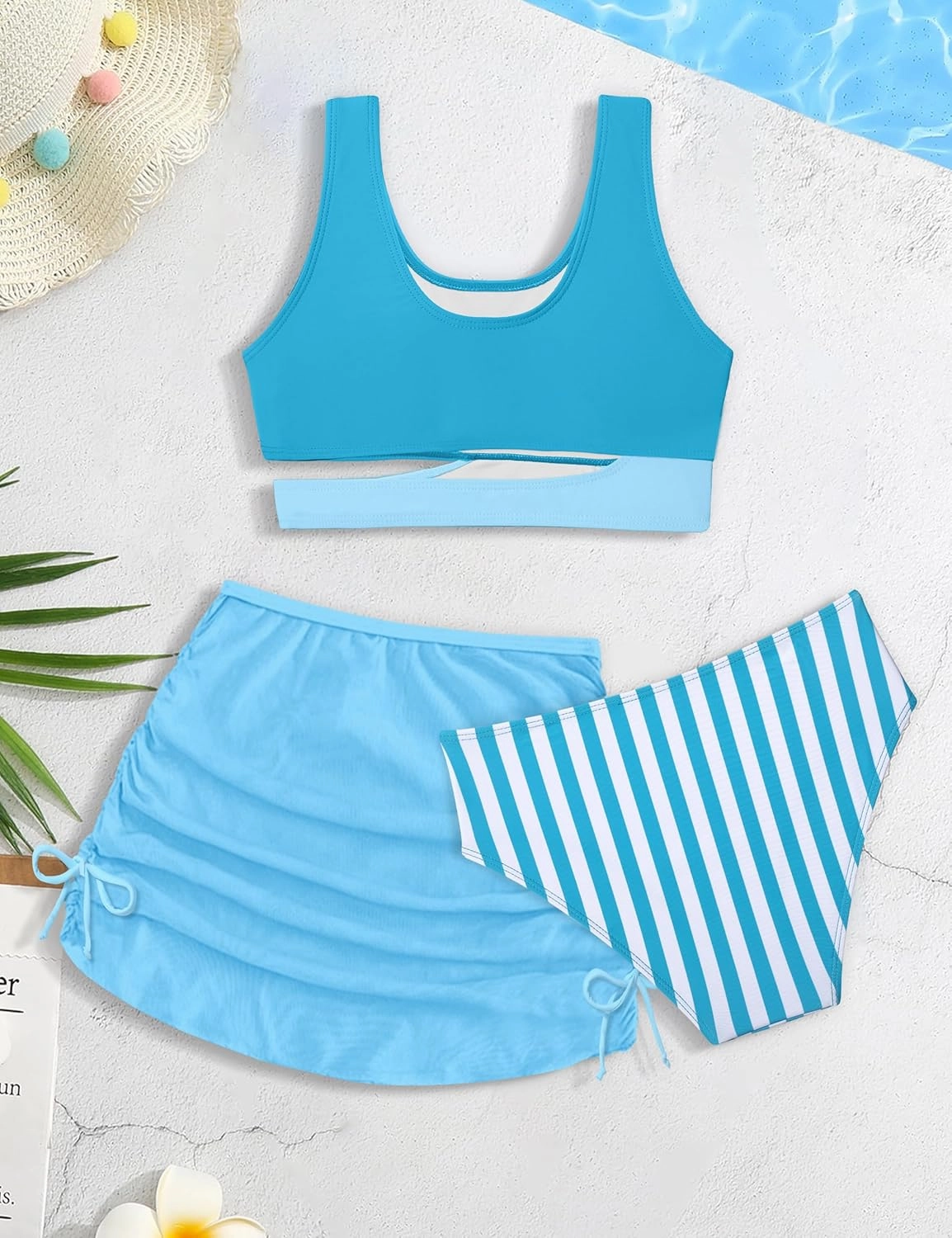 Girls Swimsuit Stripe Bathing Suit Color Block Sporty Bikini Swimsuits Swim Cover Up Skirt 3 Piece Set
