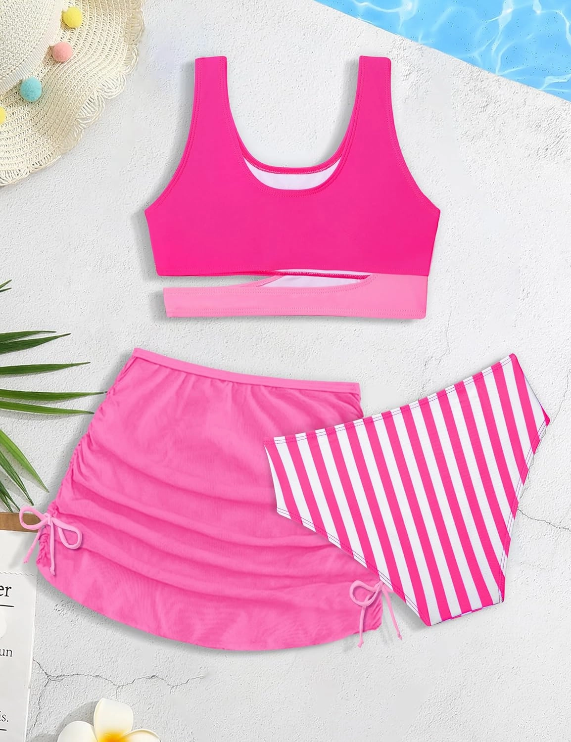 Girls Swimsuit Stripe Bathing Suit Color Block Sporty Bikini Swimsuits Swim Cover Up Skirt 3 Piece Set