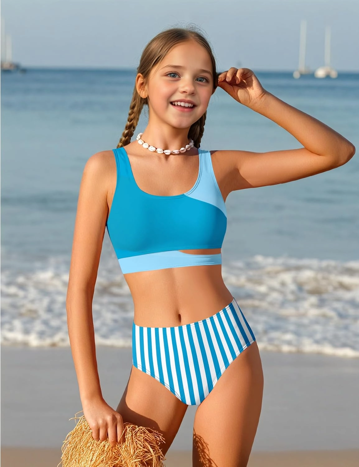 Girls Swimsuit Stripe Bathing Suit Color Block Sporty Bikini Swimsuits Swim Cover Up Skirt 3 Piece Set