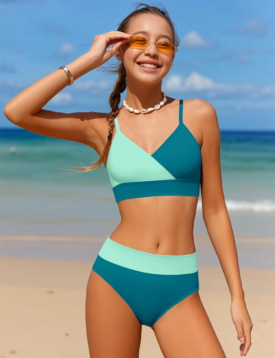 Girls Swimsuit V Neck Bikini Set Color Block with Cover Up 3Pcs Bathing Suits