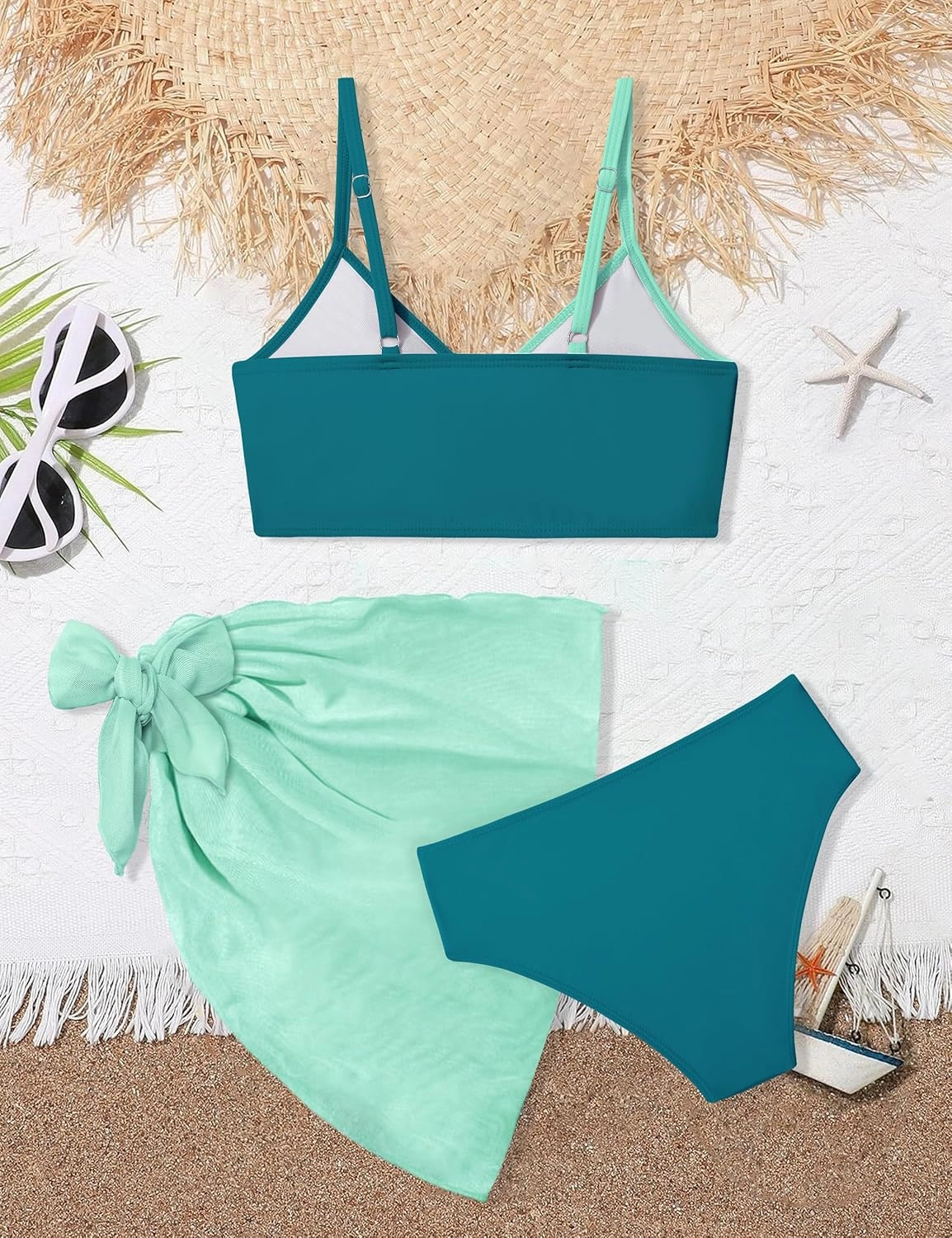 Girls Swimsuit V Neck Bikini Set Color Block with Cover Up 3Pcs Bathing Suits