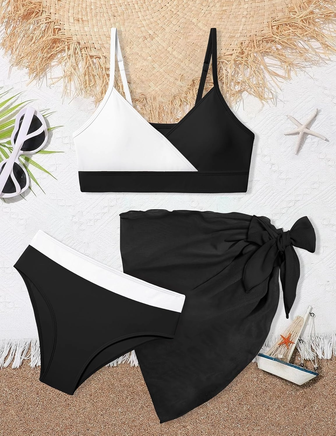 Girls Swimsuit V Neck Bikini Set Color Block with Cover Up 3Pcs Bathing Suits