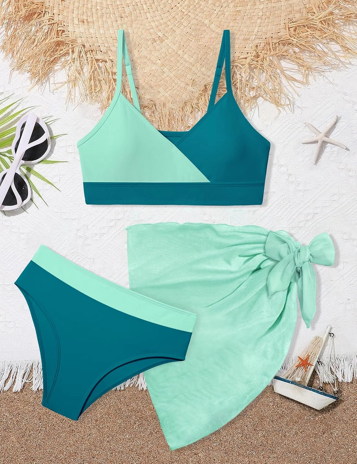 Girls Swimsuit V Neck Bikini Set Color Block with Cover Up 3Pcs Bathing Suits